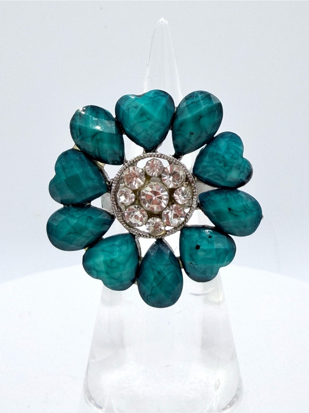 Blue Heart faceted Bead flower Rhinestone Adjustable Band Ring Woman’s Jewelry